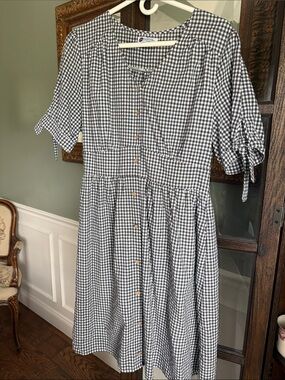 DM Fashion Gingham Button-Front Midi Dress in Black & White Size L